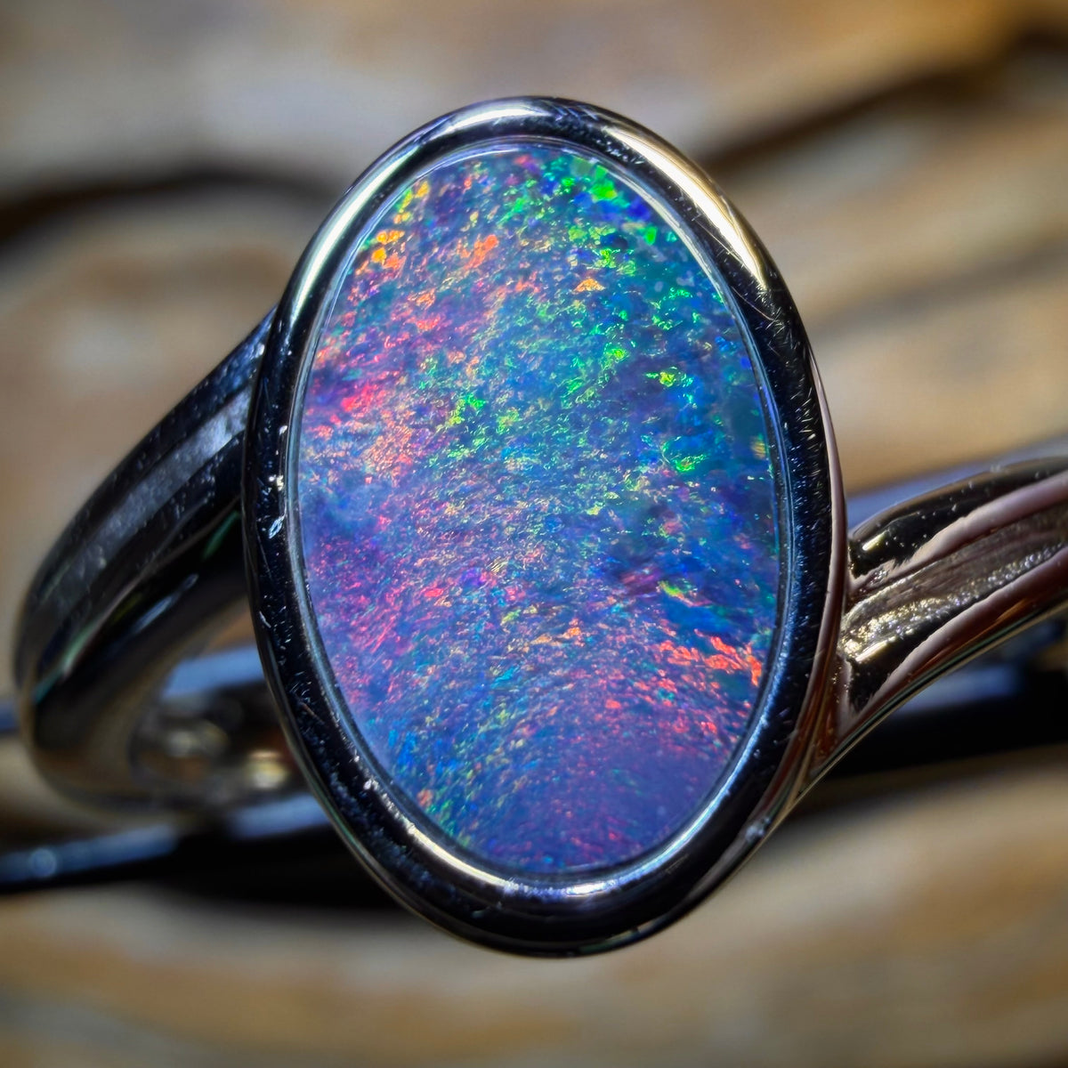 Bargain Card! Sterling Silver - Queensland Boulder Opal Red Multi Colour Doublet Ring