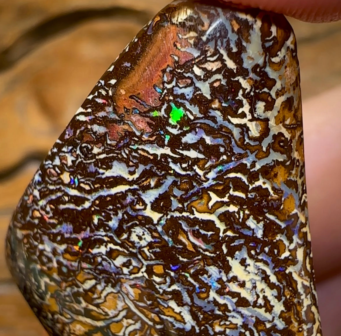 115.3cts - “Tribal Camouflage” Polished Tribal Yowah Nut Opal Specimen. - Opal Whisperers