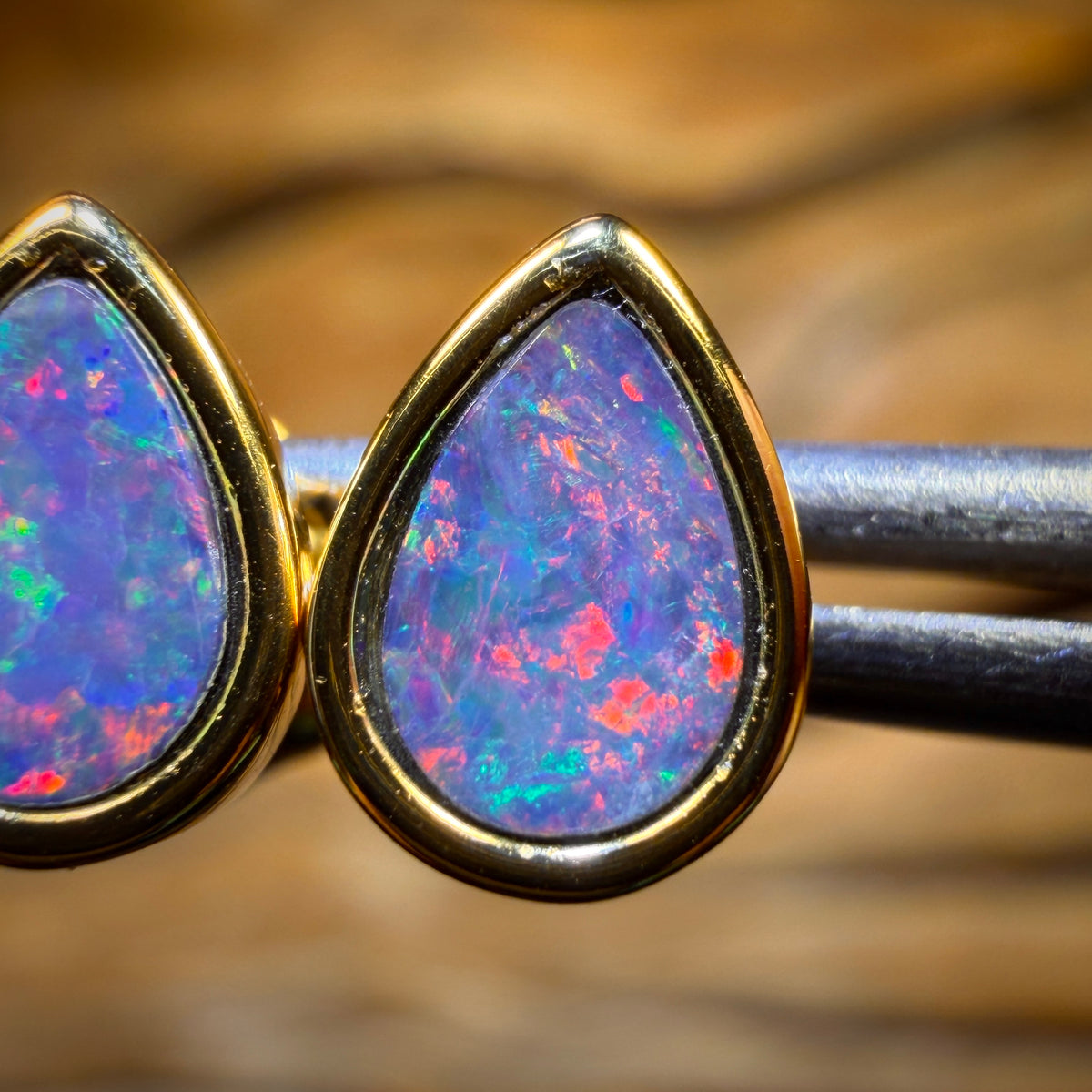 Bargain Card! Sterling Silver Gold Plated - Australian Boulder Opal Doublet Stud Earrings Red Fire