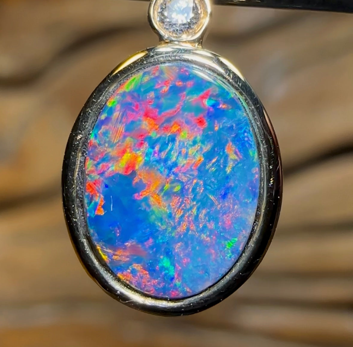 14k Gold - Queensland Boulder Opal Doublet Pendant with Diamond - Opal Whisperers