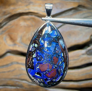 Sterling Silver - SOLID Australian Boulder Opal Top Tribal Pattern Pendant Hand Made