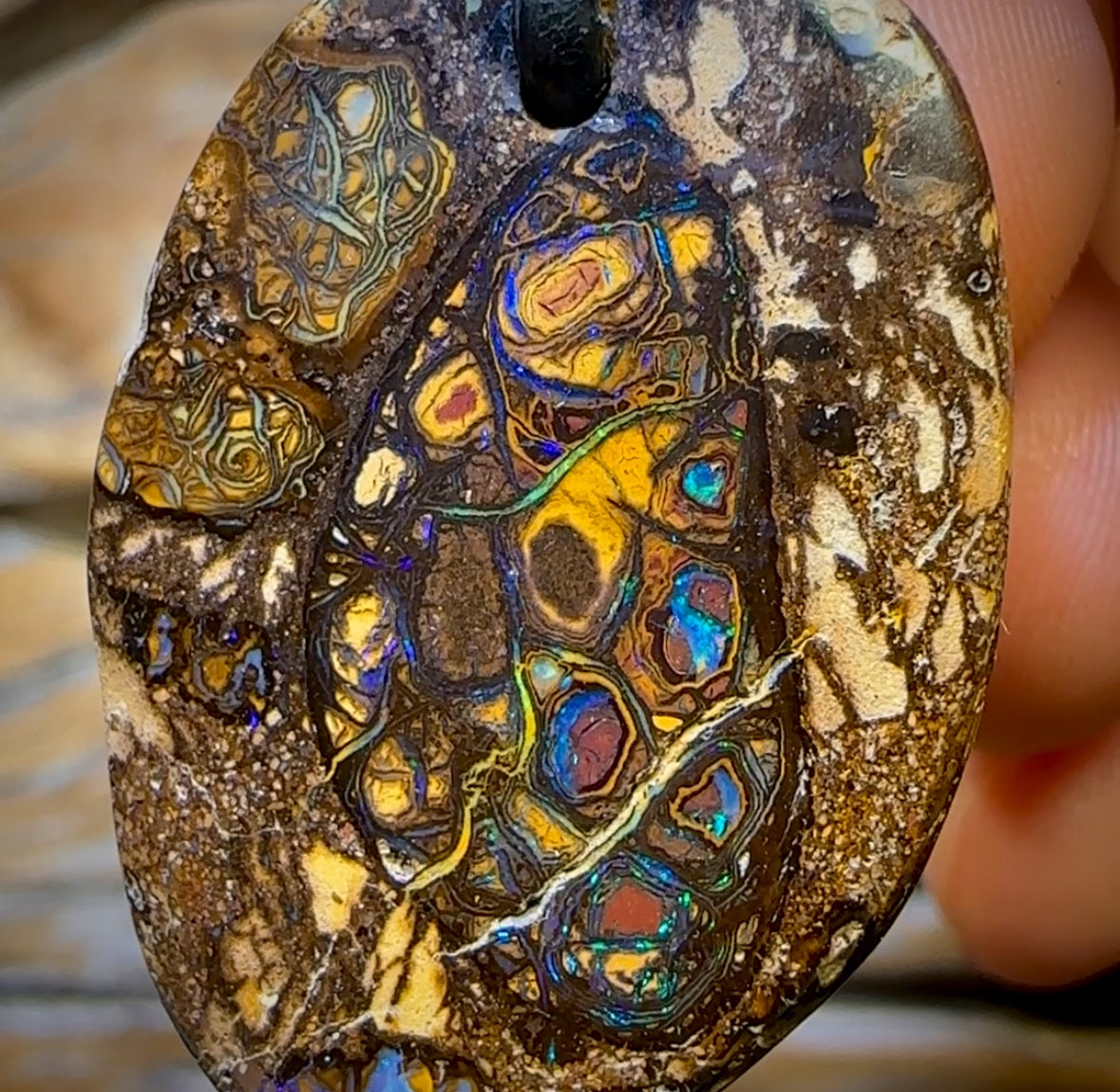 32 x 22mm - Drilled “Nut Within Tribal” Queensland Boulder Opal Necklace