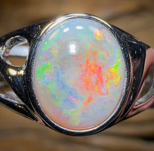 Sterling Silver - Unisex Large South Australian Crystal Opal Ring - Opal Whisperers