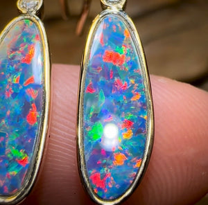 14k Gold - Australian Boulder Opal Doublet and Diamond Hook Earrings - Opal Whisperers