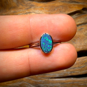 Sterling Silver - Queensland Boulder Opal Doublet Ring. Top Electric Green Blue