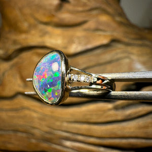 14k Gold Boulder Doublet Opal Ring with Diamonds - Opal Whisperers