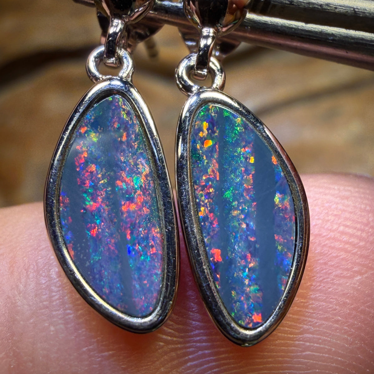 Sterling Silver - Top Red Multi Australian Boulder Opal Doublet Drop Stud Earrings
