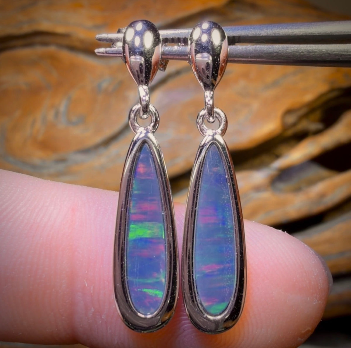 Sterling Silver - Australian Boulder Opal Doublet Drop Stud Earrings