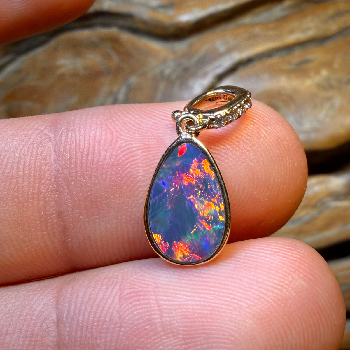 14k Gold - Top, Top, Top Red Queensland Boulder Opal Doublet Pendant with Diamond Pearl Enhancer