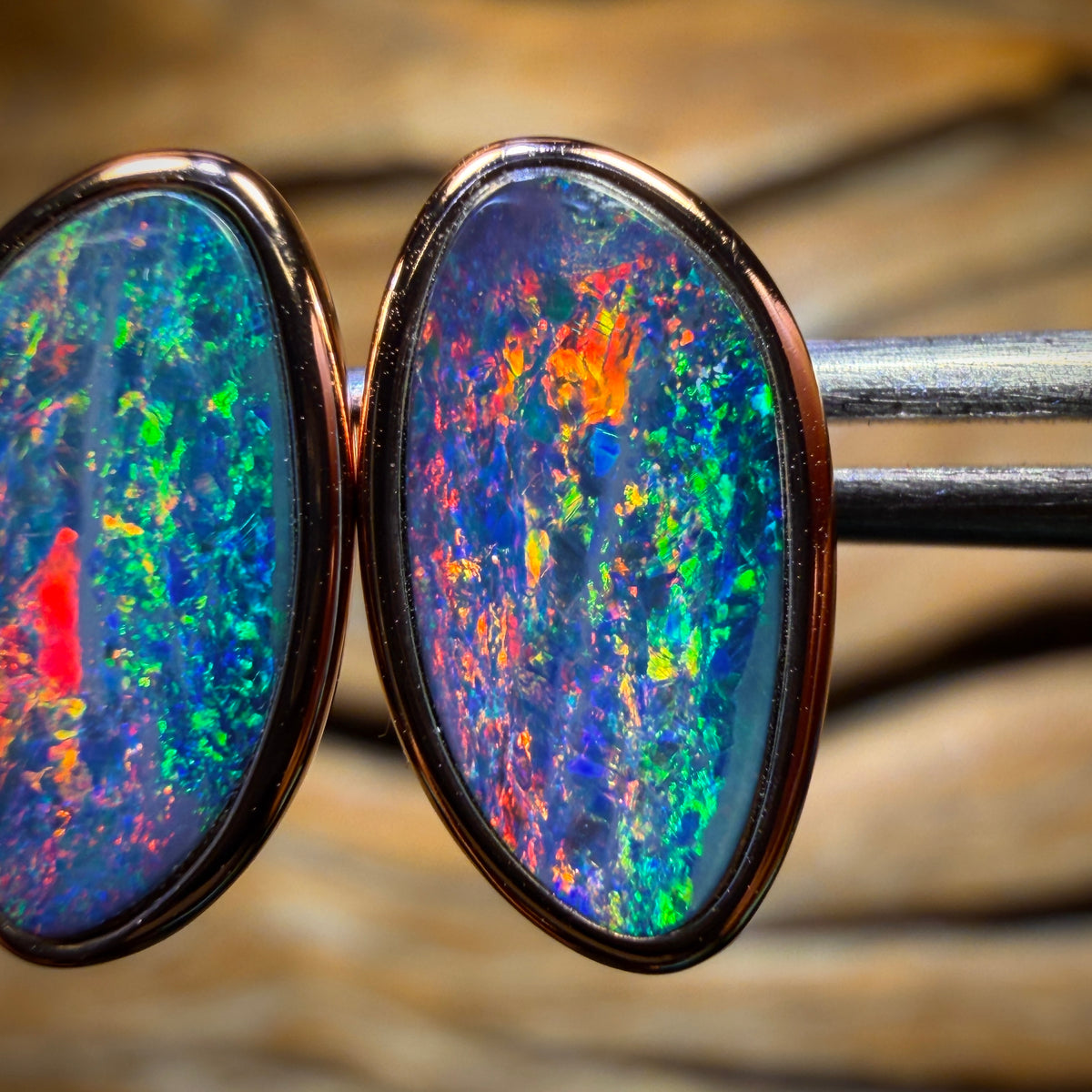 Top Top Red Multi Fire Sterling Silver Rose Gold Plated - Australian Boulder Opal Doublet Stud Earrings. Top Multicolours