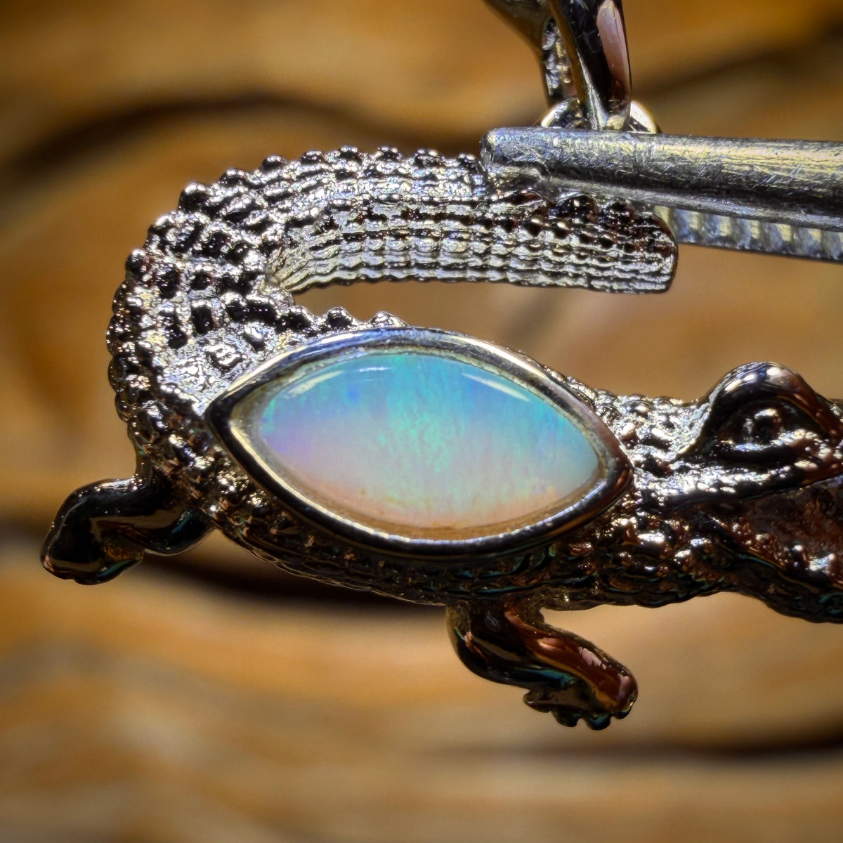 Sterling Silver - “Crocodile Style” Solid South Australian Crystal Opal Pendant