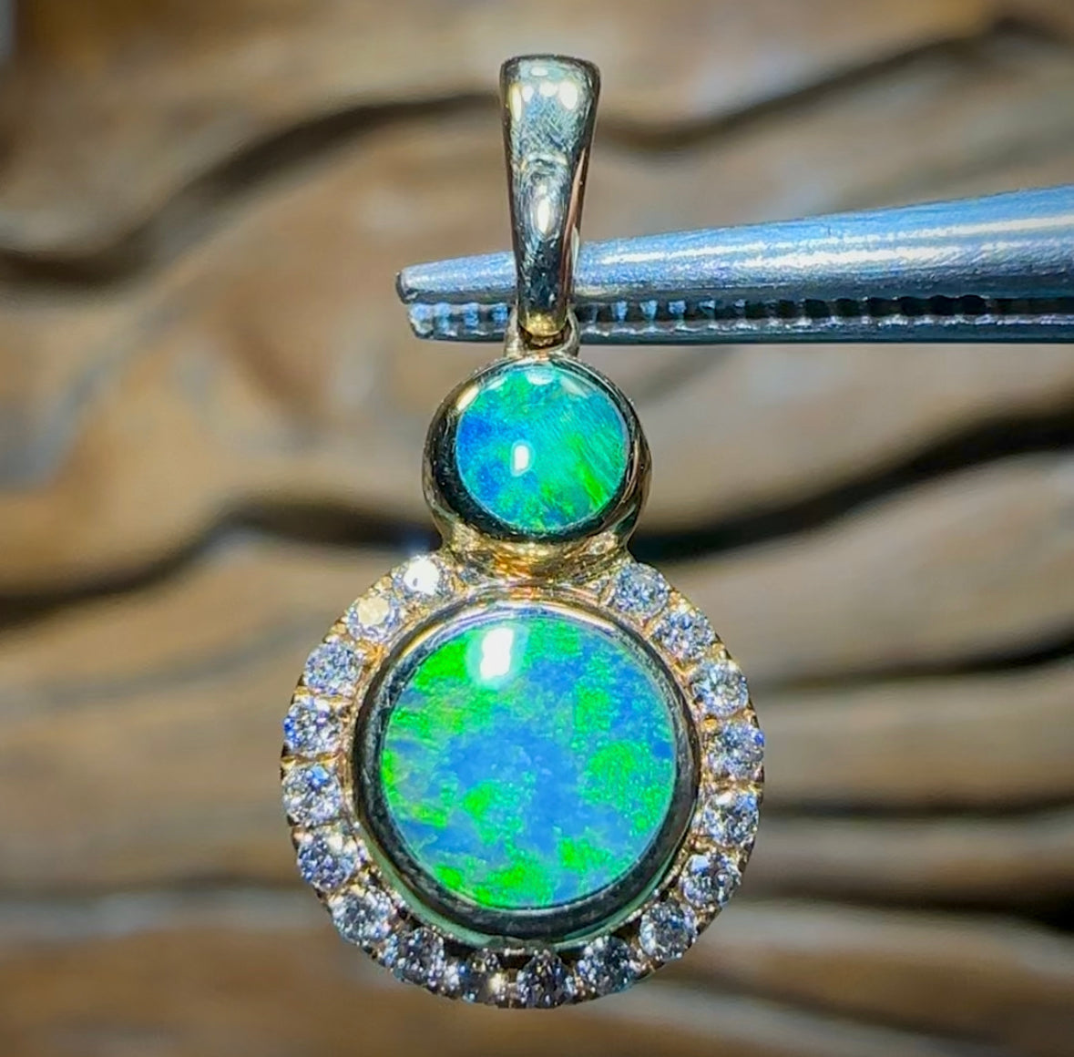 14k Gold - Australian Boulder Opal Doublet Pendant. Diamond Inlay Style - Opal Whisperers