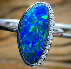 14k White Gold - Queensland Boulder Opal Doublet Ring with Diamonds - Opal Whisperers