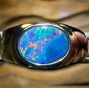 Sterling Silver - UNISEX Queensland Boulder Opal Doublet Ring Solid Style with Red