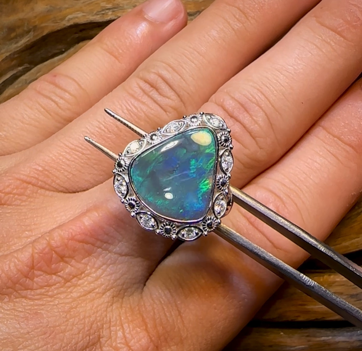 14k White Gold - Solid Lightning Ridge Black Opal Ring