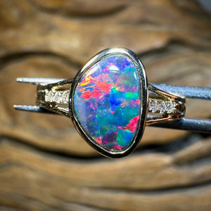 14k Gold Boulder Doublet Opal Ring with Diamonds - Opal Whisperers