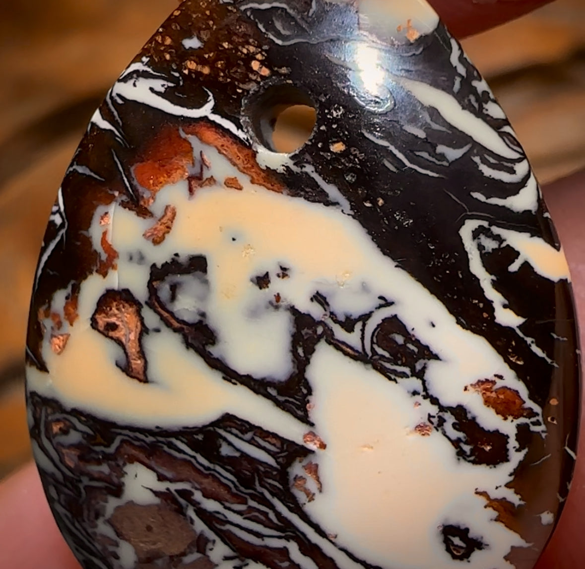 28 x 20mm - Drilled Queensland Boulder Opal Awesome Tribal Double Sided Picture Stone