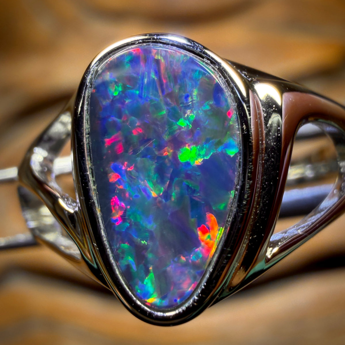 Sterling Silver - Queensland Boulder Opal Doublet Ring Top Top Red Multi