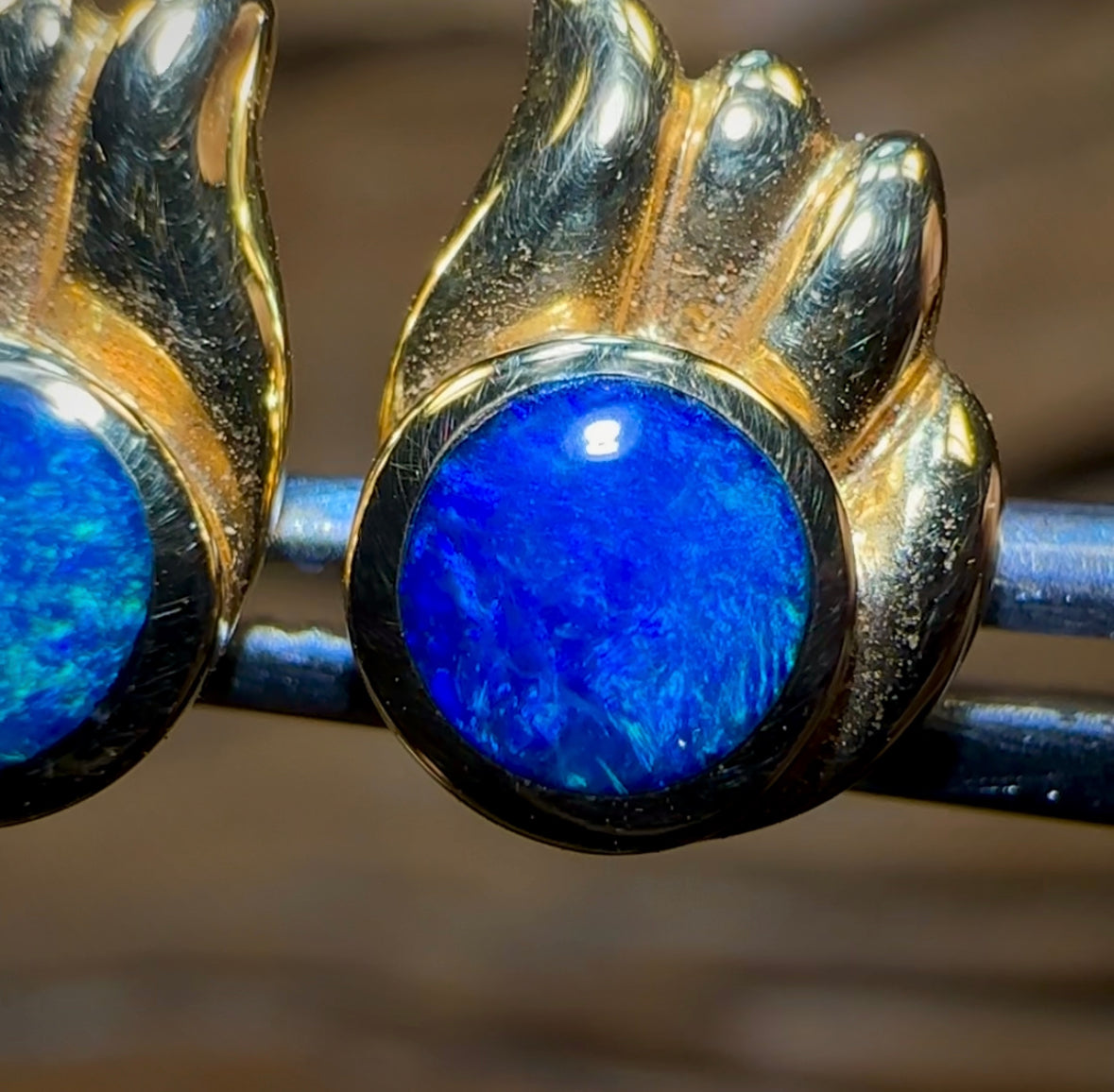 18k Gold - Australian Boulder Opal Doublet Earrings. Old Gold Price - Opal Whisperers