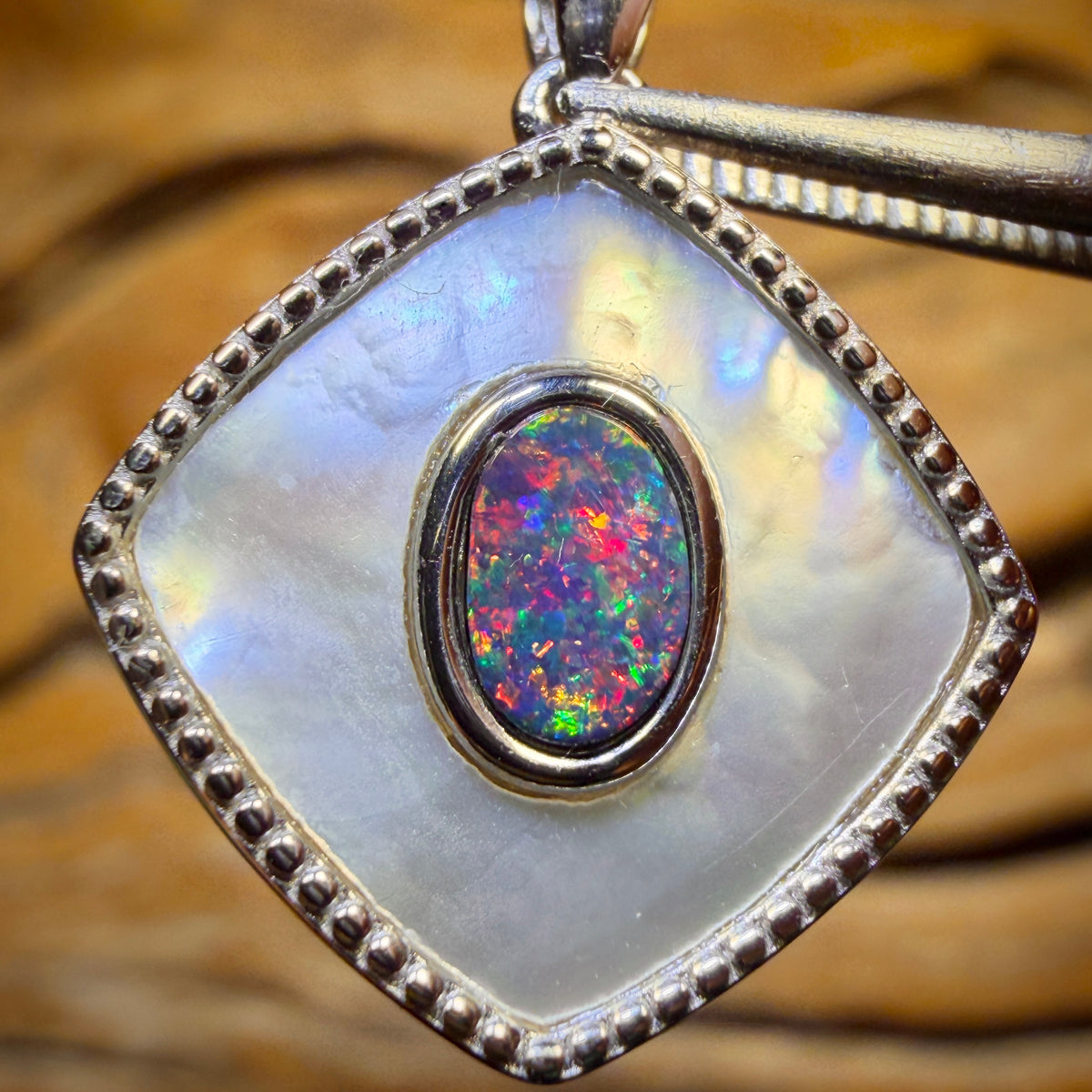 Sterling Silver - NEW DESIGN Queensland Boulder Opal Doublet and Mother Of Pearl Pendant. ONLY ONE IN RED FIRE