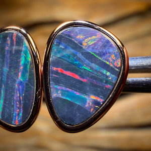 “Striation Magic” Sterling Silver Rose Gold Plated - Australian Boulder Opal Doublet Stud Earrings