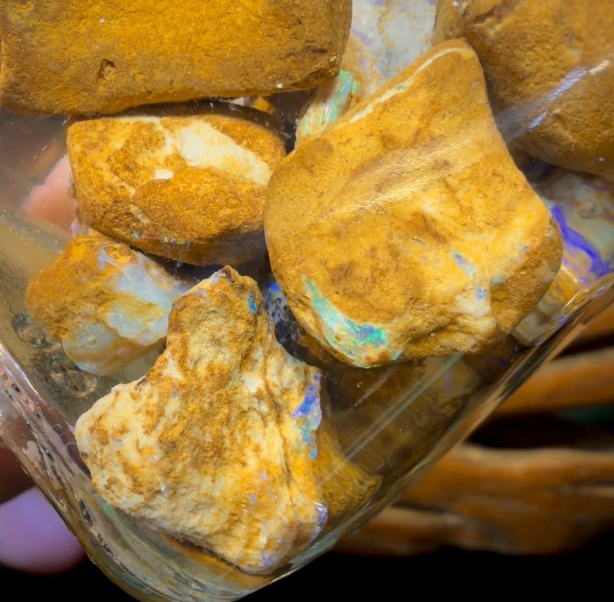 640 Karat – Glas mit Yowah-Nussopal-Rohmaterial und fossilem Opal