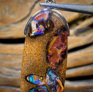 Sterling Silver - Solid Tribal Boulder Opal Pendant UNISEX