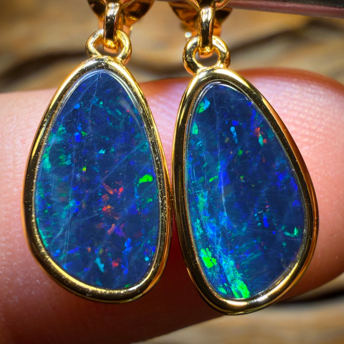 Sterling Silver Gold Plated - Australian Boulder Opal Doublet Drop Stud Earrings
