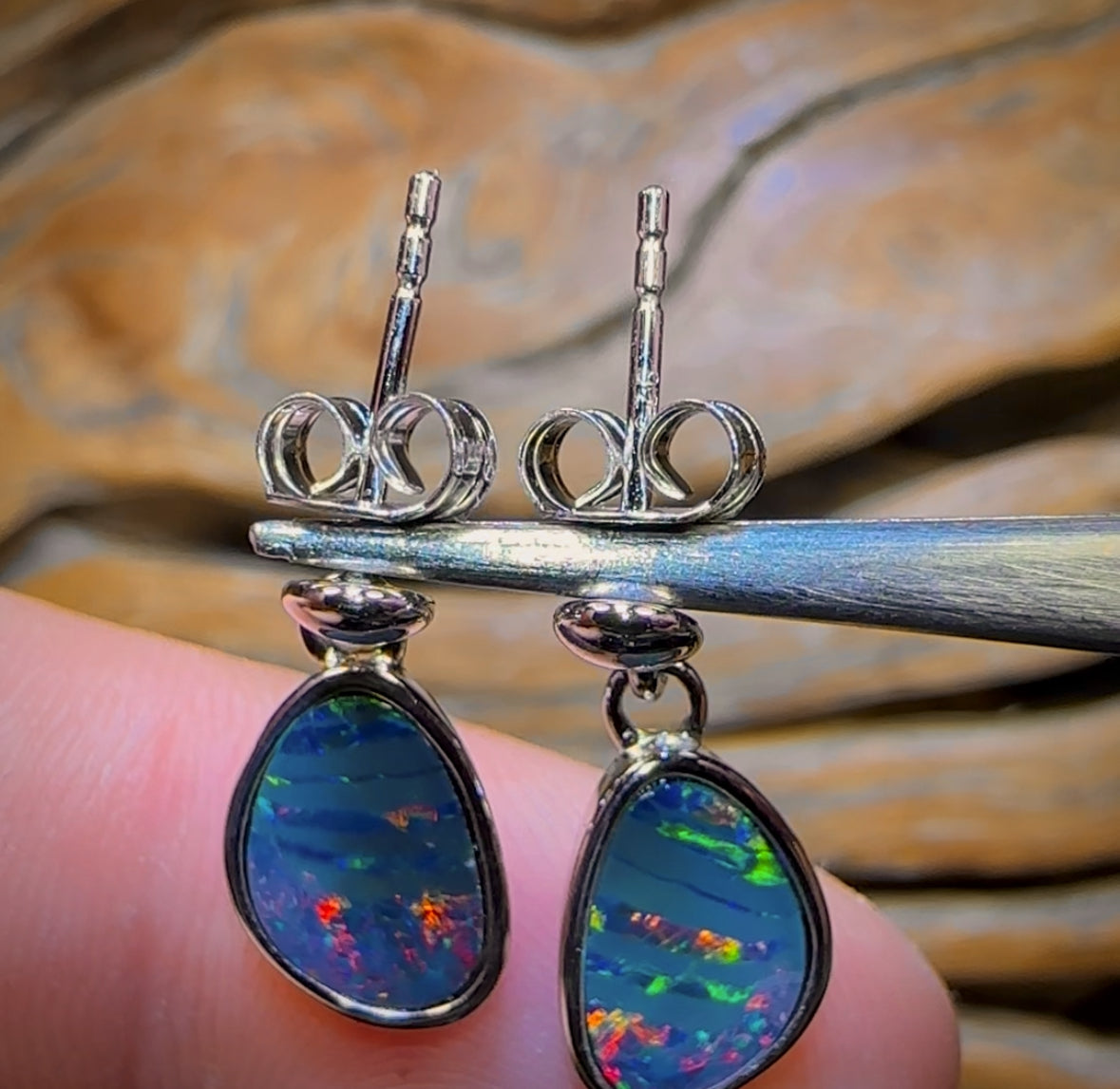 Sterling Silver - Australian Boulder Opal Doublet Drop Stud Earrings