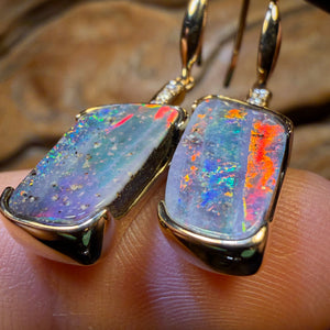 18k Gold - Unique Solid Australian Boulder Opal Splits Hook Earrings Top Red Multi Colour with Diamonds