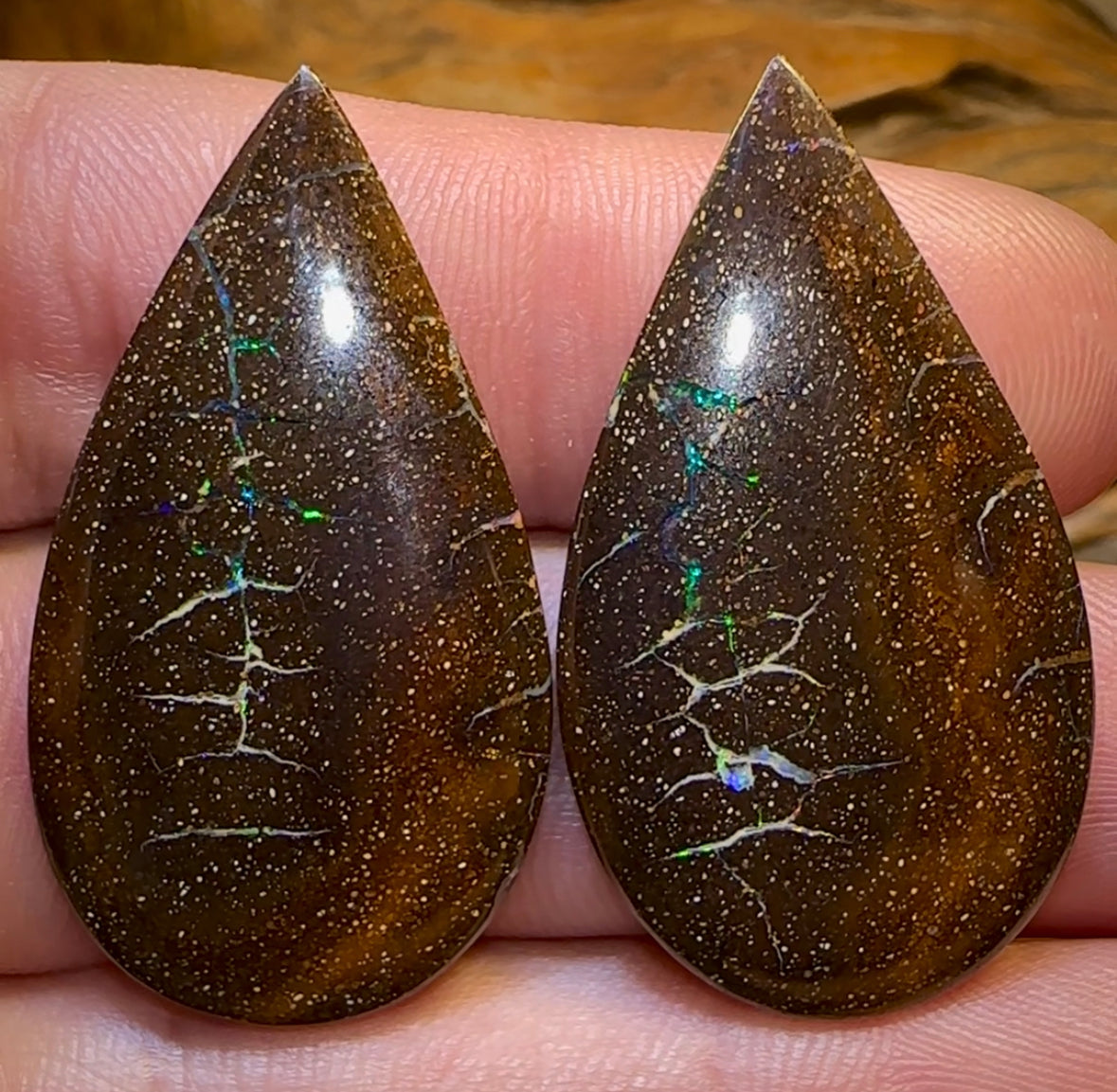 43.4cts - “Opal Web Tear Drops” Australian Boulder Opal Pair - Opal Whisperers