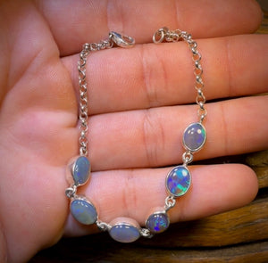 Sterling Silver - Quality Solid Lightning Ridge Crystal Opal Bracelet