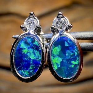 14k White Gold - Queensland Boulder Doublet Earrings Top Electric Blue/ Green with Diamonds New 2026