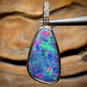 14k Gold -Queensland Boulder Opal Doublet Pendant Top Red Multi Fire with Diamonds New 2026