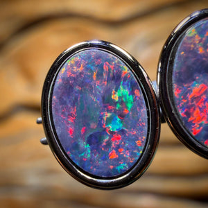 Sterling Silver - Australian Boulder Opal Doublet Stud Earrings. Best Red Earrings