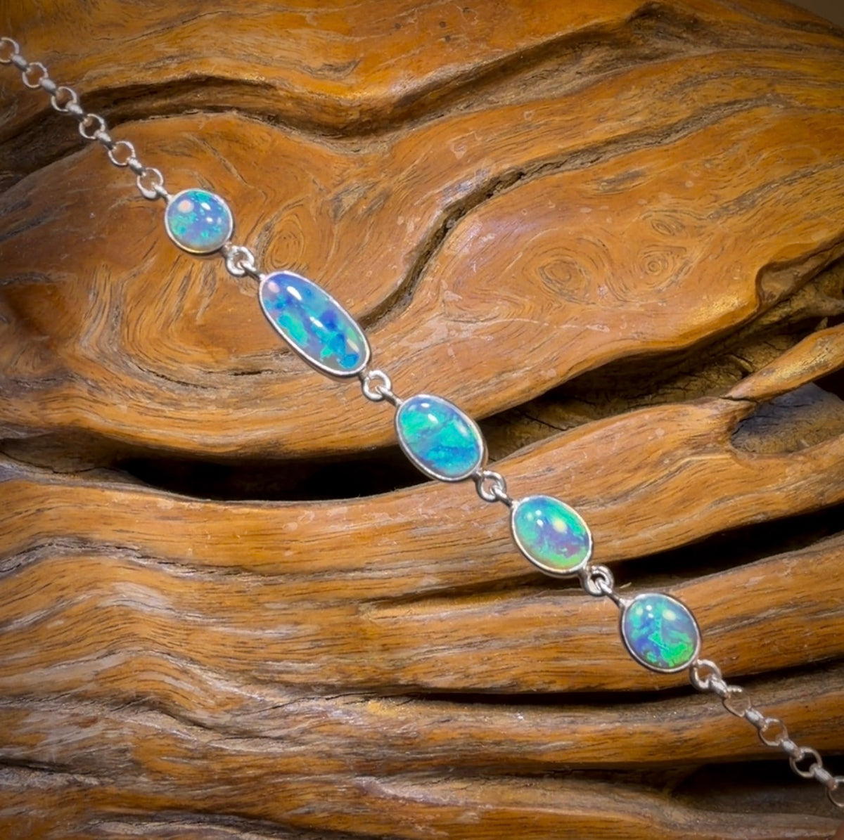 Sterling Silver - Best Solid Lightning Ridge Crystal Opal Bracelet