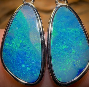 Large Sterling Silver - Australian Boulder Opal Doublet Drop Stud Earrings