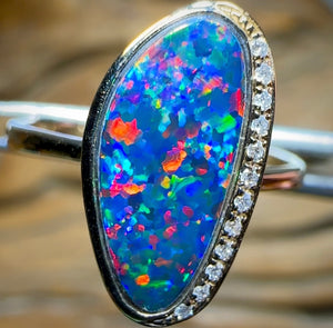 14k Gold - Queensland Boulder Opal Doublet Ring with Diamonds Red Fire - Opal Whisperers