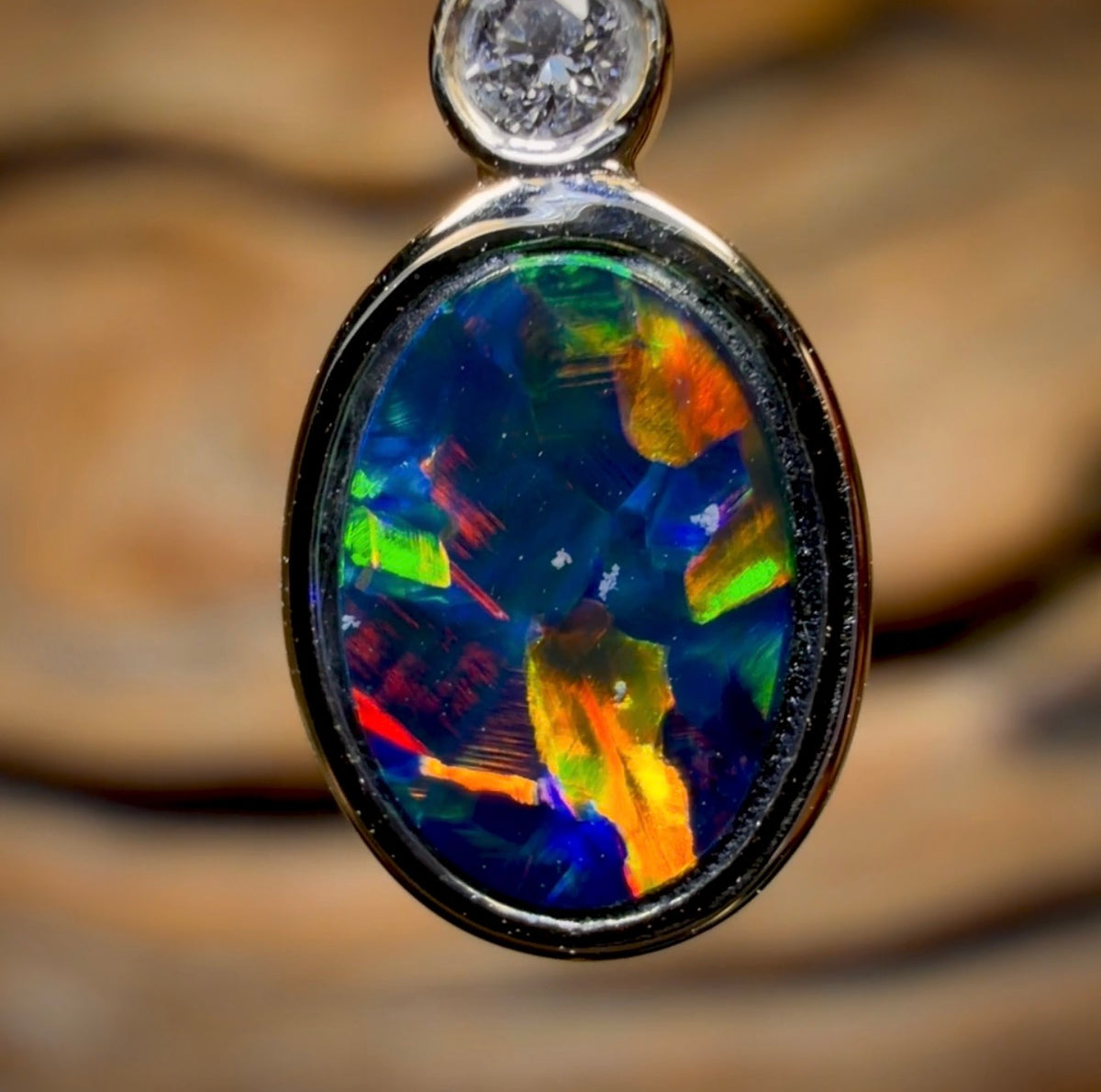 14k Gold - Queensland Boulder Opal Doublet Pendant Top Pattern Electric Colour Diamond
