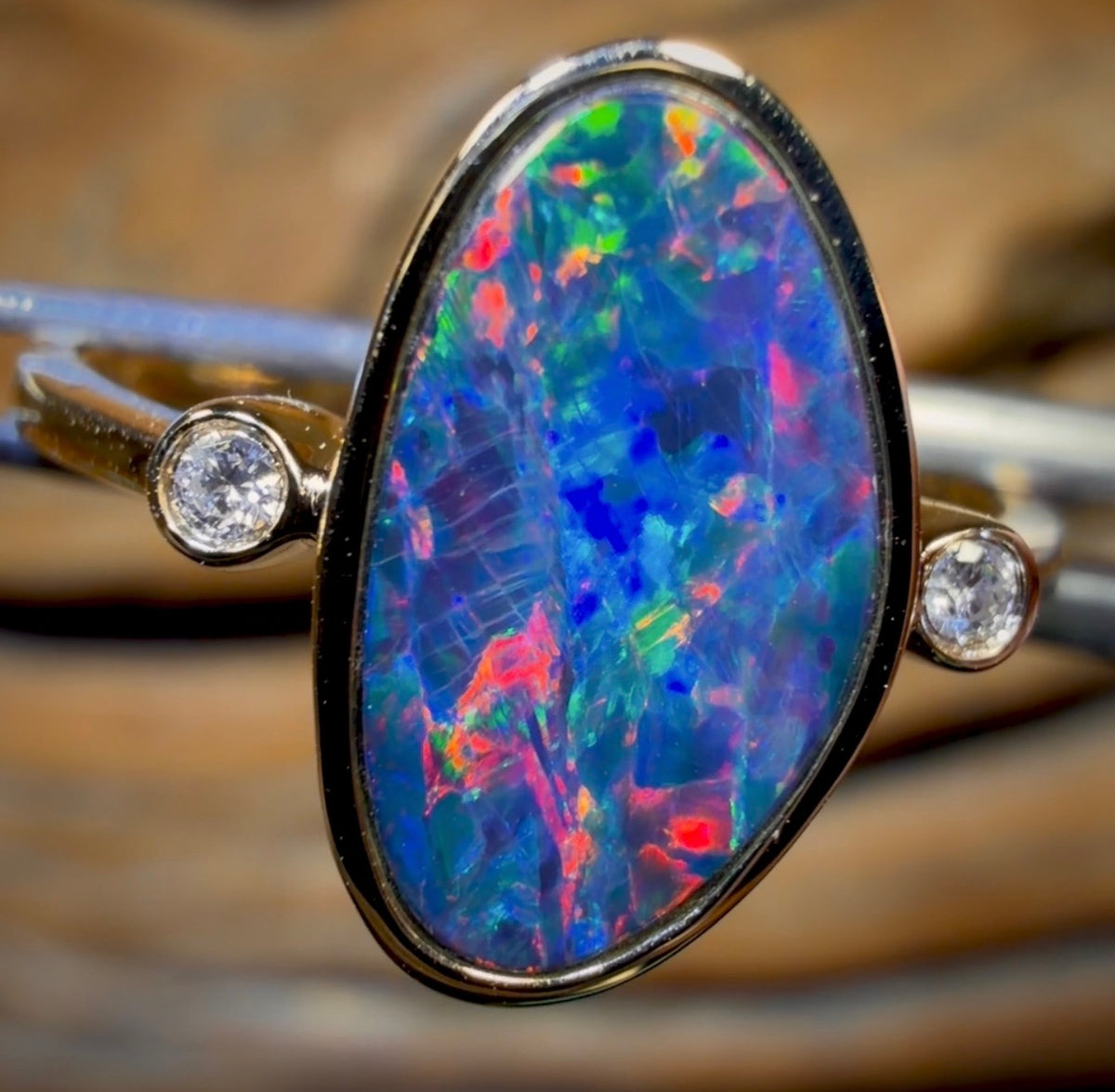 14k Gold - Queensland Boulder Opal Doublet Ring Top Fire Red Multi