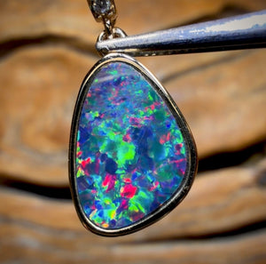 14k Gold - Queensland Boulder Opal Doublet Pendant Top Red Multi Fire New 2026 Diamonds
