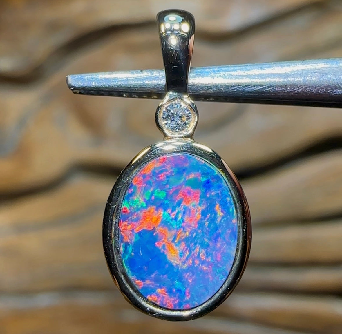 14k Gold - Queensland Boulder Opal Doublet Pendant with Diamond - Opal Whisperers