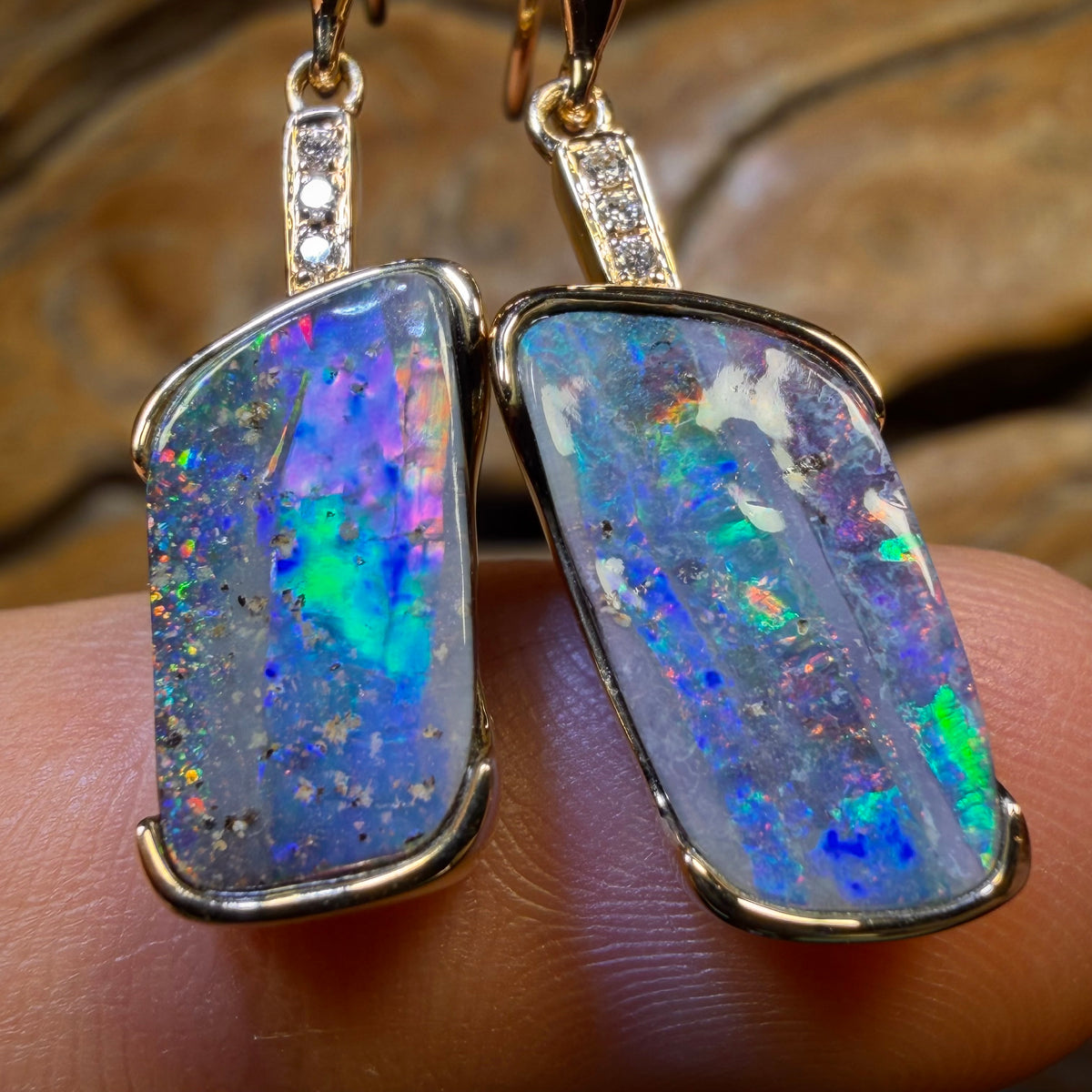 18k Gold - Unique Solid Australian Boulder Opal Splits Hook Earrings Top Red Multi Colour with Diamonds
