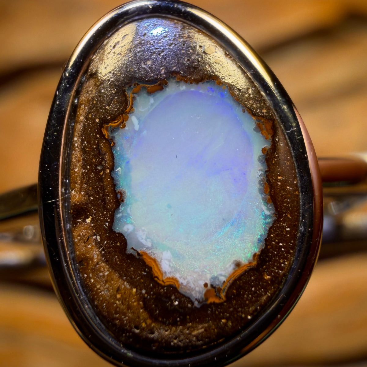 Sterling Silver - Solid Queensland Boulder Opal Ring Crystal Center