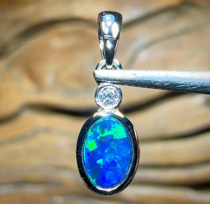 14k White Gold - Queensland Boulder Doublet Opal Pendant with Diamond - Opal Whisperers