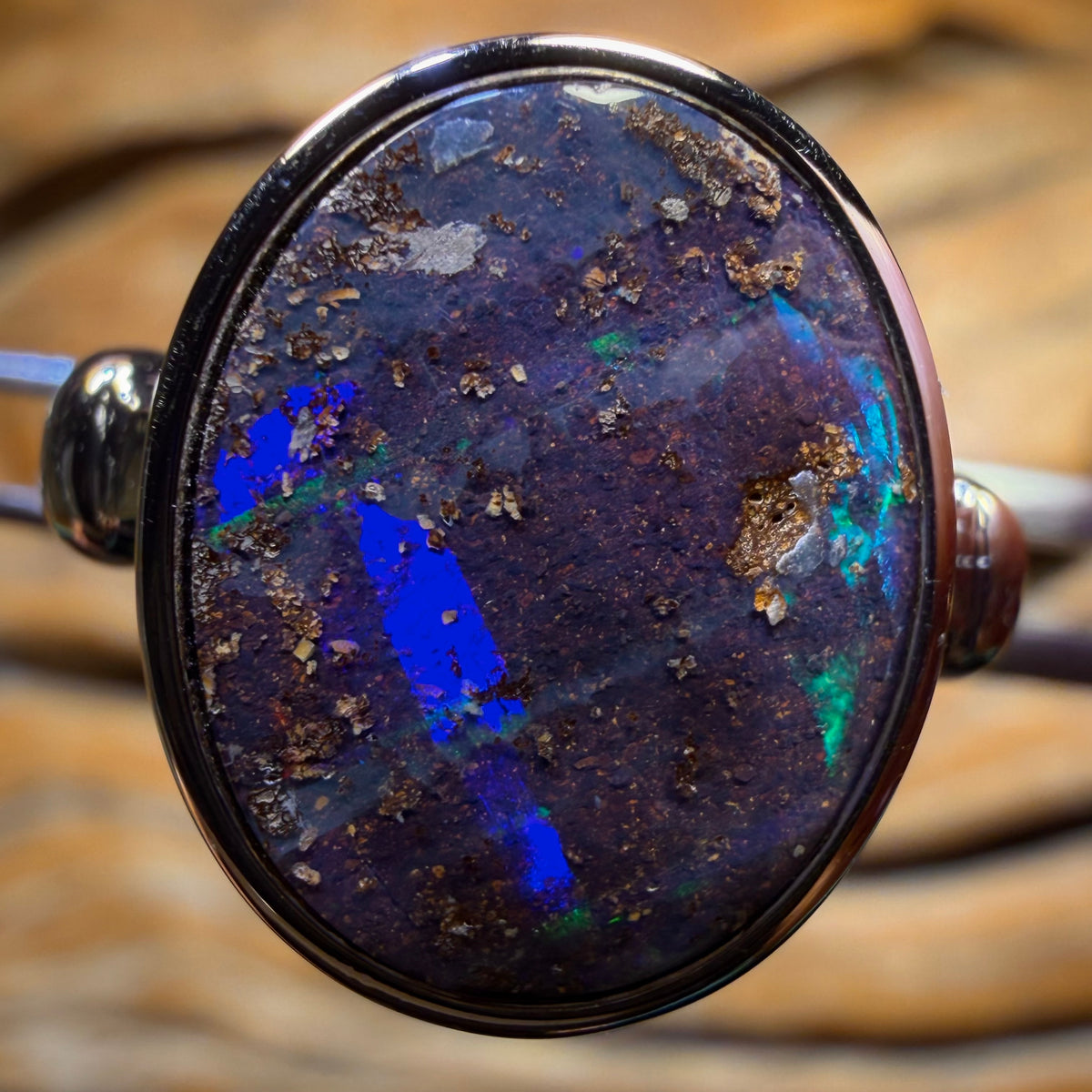 Sterling Silver - Solid Queensland Boulder Black Opal Ring