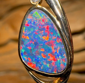 14k Gold - Queensland Boulder Doublet Opal Pendant Red Fire - Opal Whisperers