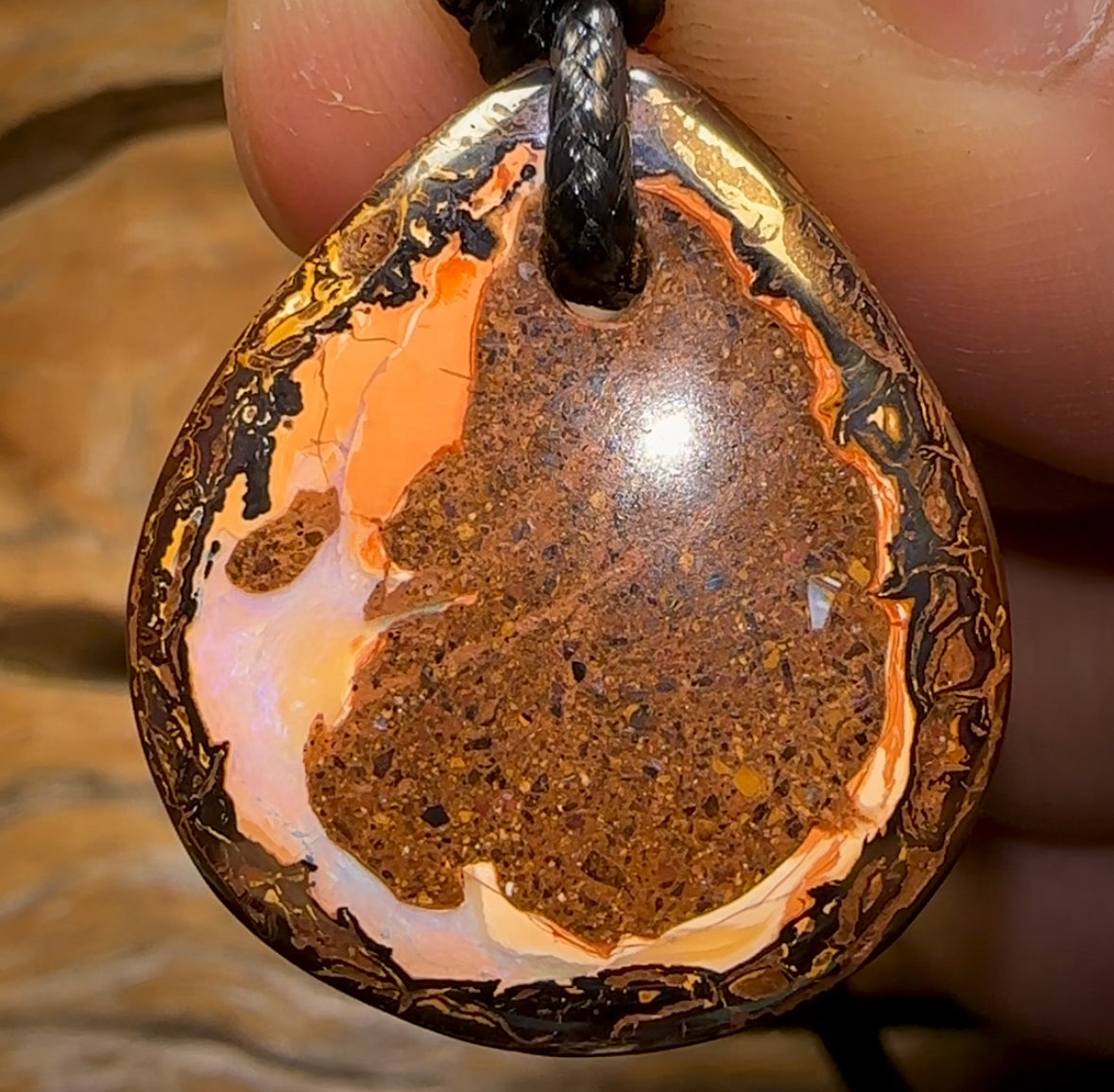 29 x 26mm - Drilled Boulder Opal Pendant w/ Eco Friendly Vegan Cord