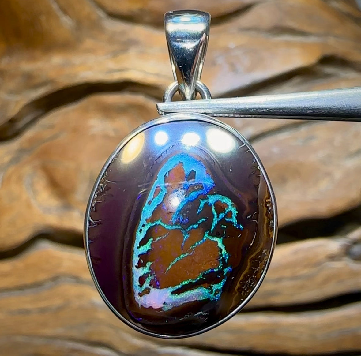 Sterling Silver - Solid Australian Boulder Opal Pendant. Tribal - Opal Whisperers