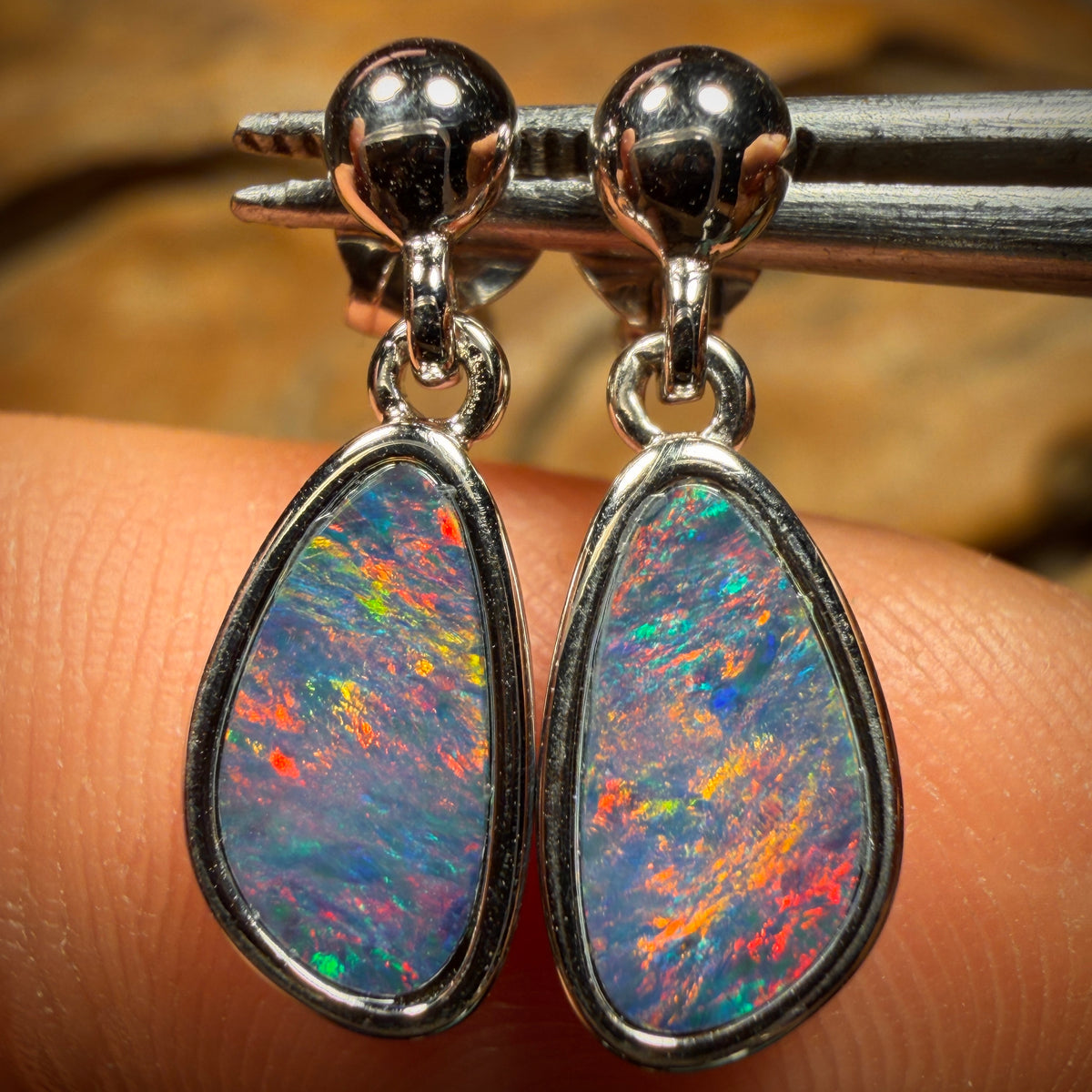 Sterling Silver - Australian Boulder Opal Doublet Drop Stud Earrings
